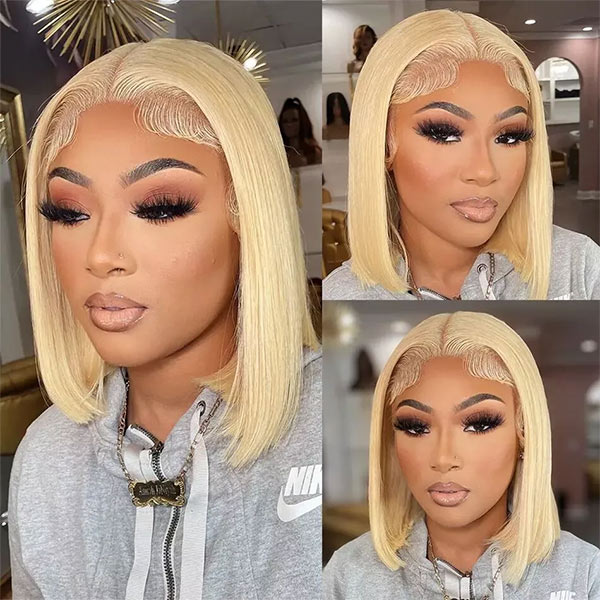 [12"=$99] Straight 613 Blonde Bob Wig 13x4 Lace Front Human Hair Wig Pre Plucked