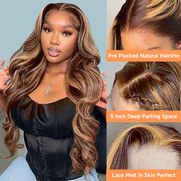 Honey Blonde Highlight Wig Body Wave 5x5 Pre Cut Lace Wigs Wear Go Glueless Wig