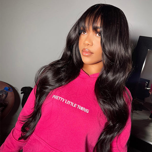 16‘’ Body Wave Wig With Bangs Glueless Wigs Top Lace 2X4 Lace Wigs Machine Wigs