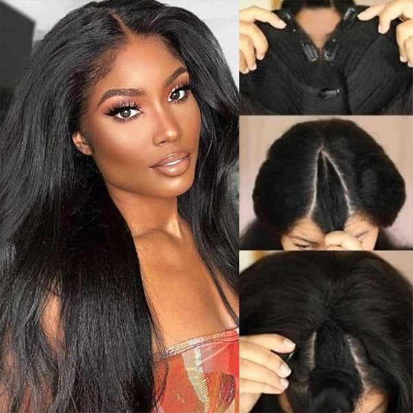 Kinky Straight V Part Wig Human Hair Glueless Wig Beginner Friendly To Put On And Take Off