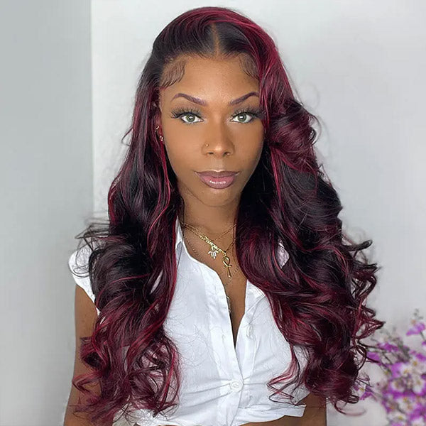 99J Highlight 13X4 Lace Front Human Hair Wig Body Wave Dark Root Burgundy Colored Wig