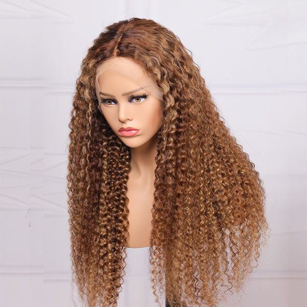 Deep Curly 4/27 Blonde Highlight Wig Transparent 13X4 Lace Front Wig