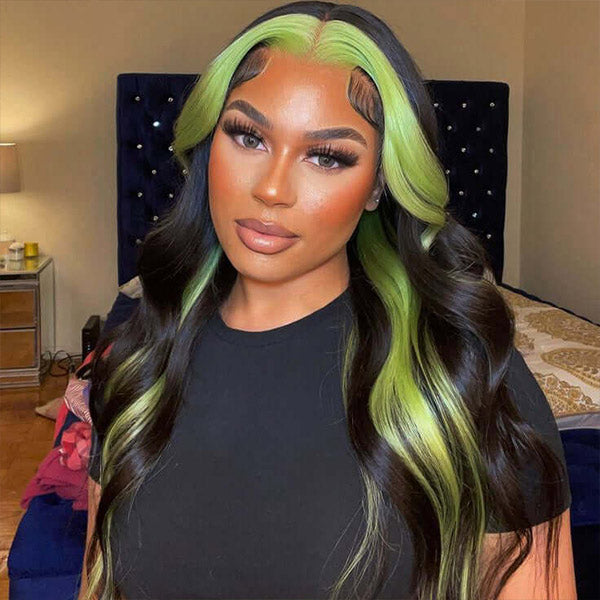 Green Skunk Stripe 13X4 Lace Front Wigs Colored Wigs Body Wave Wigs