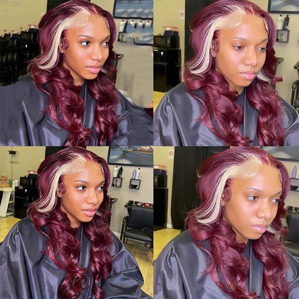 Mslynn 99J Skunk Stripe Wigs 13x4 Lace Wig Body Wave Burgundy 613 Blonde Lace Wig