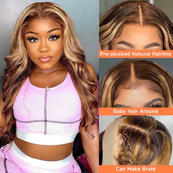 Mslynn 4/27 Highlight Wig Body Wave Human Hair Brown Colored Transparent T Part Wig