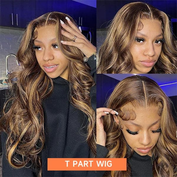 Mslynn 4/27 Highlight Wig Body Wave Human Hair Brown Colored Transparent T Part Wig