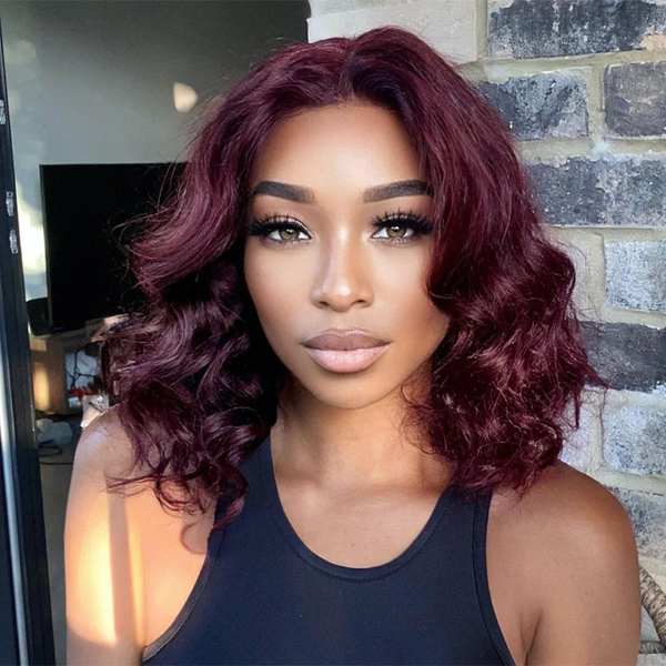 $99 12'' Short Bob Dark Plum Colored Wig Loose Wave Wig Middle Part Lace Wig