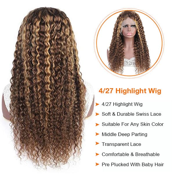 Fast Shipping Deep Curly 4/27 Highlight Wig Transparent T Part Lace Wig 4/27 Mix Color