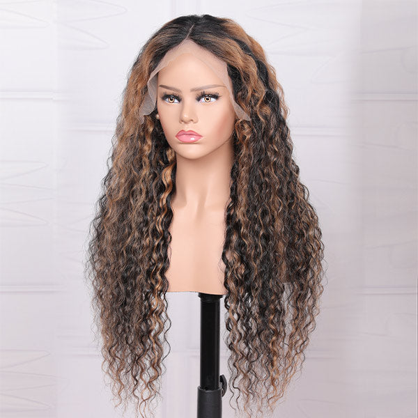 Water Wave Wig Balayage Highlight Hair Honey Blonde Brown Wigs With Baby Hair
