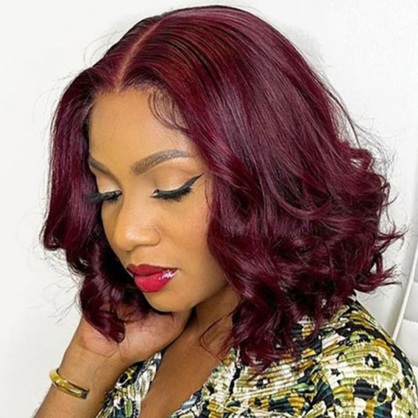 Dark Plum Color Short Bob Wig Loose Wave Wig Middle Part Lace Wig Colored Wig