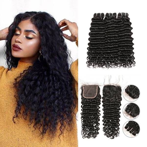 Mslynn Brazilian Deep Wave 3 Bundles With Lace Closure 8A Grade Remy Hair with Lace Closure Natural Color