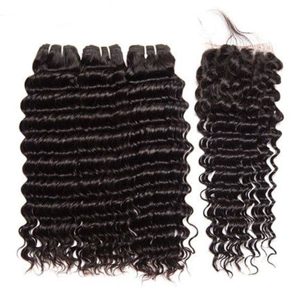 Mslynn Brazilian Deep Wave 3 Bundles With Lace Closure 8A Grade Remy Hair with Lace Closure Natural Color