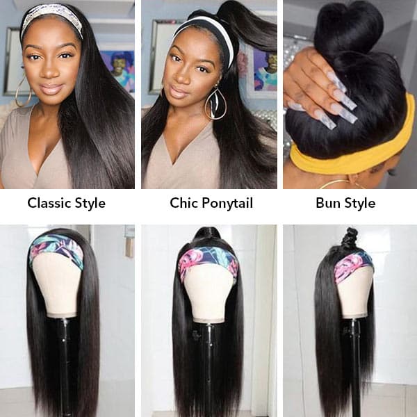Straight Headband Wig Human Hair Brazilian Virgin Hair Glueless Wig None Lace Wig