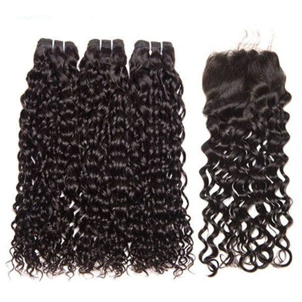 Malaysian Water Wave Natural Hair 3 Bundles With Lace Closure 100% Unprocessed Malaysian Water Wave Hair Weave Bundles Natural Color