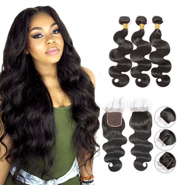 Mslynn Brazilian Body Wave 3 Bundles with Lace Closure 100% Unprocessed Virgin Human Hair Extensions Natural Color