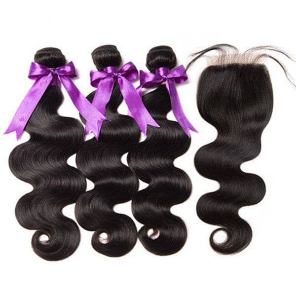 Mslynn Brazilian Body Wave 3 Bundles with Lace Closure 100% Unprocessed Virgin Human Hair Extensions Natural Color