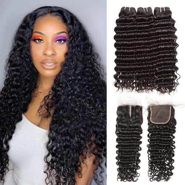 Mslynn Hair 100% Malaysian Unprocessed Virgin Deep Wave Human Hair 3 Bundles With Lace Closure 8A Grade Remy Hair