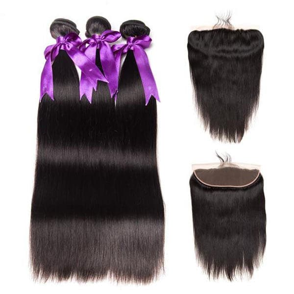 Mslynn Hair Brazilian Full Straight Hair 3 Bundles with Frontal 100% Unprocessed Virgin Hair Natural Color