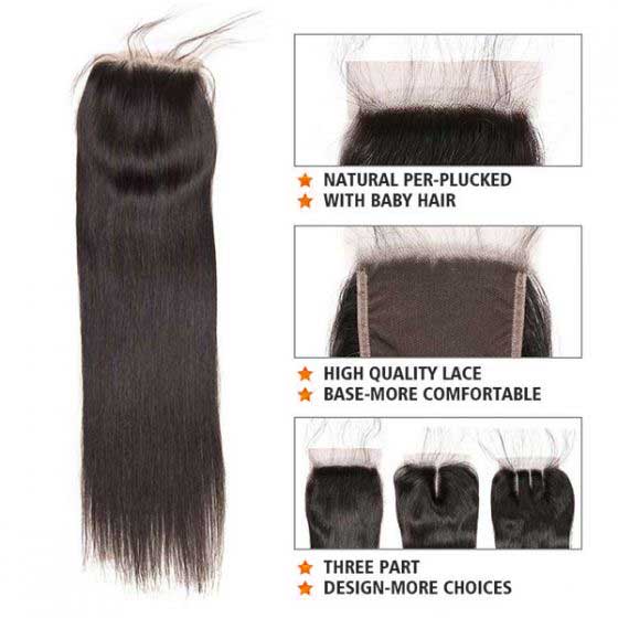 Mslynn Brazilian Straight Hair 3 Bundles with Lace Closure 100% Unprocessed Virgin Human Natural Black Straight Remy Hair