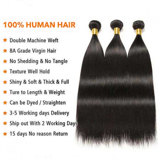 Mslynn Brazilian Straight Hair 3 Bundles with Lace Closure 100% Unprocessed Virgin Human Natural Black Straight Remy Hair