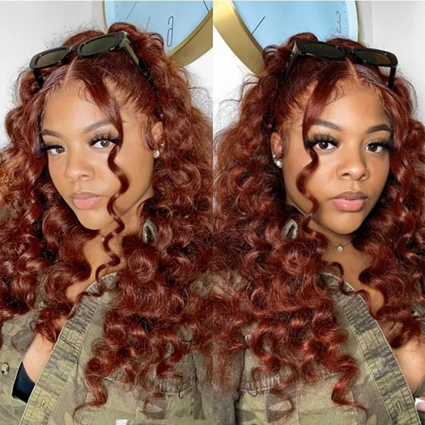 Spring Sale Water Wave 33 Reddish Brown Auburn Color Wig T Part Lace Human Hair Wig Pre-plucked With Baby Hair