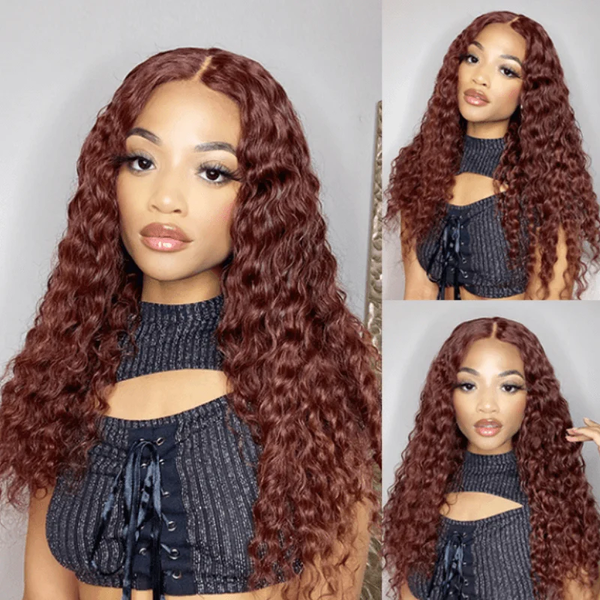 Spring Sale Water Wave 33 Reddish Brown Auburn Color Wig T Part Lace Human Hair Wig Pre-plucked With Baby Hair