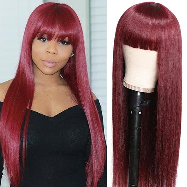 Mslynn Burgundy Hair Straight Ombre Burgundy Wig 2X4 Lace Wig With Bangs Human Hair