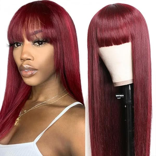 Mslynn Burgundy Hair Straight Ombre Burgundy Wig 2X4 Lace Wig With Bangs Human Hair