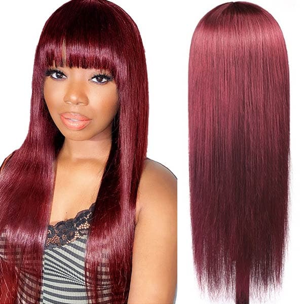 Mslynn Burgundy Hair Straight Ombre Burgundy Wig 2X4 Lace Wig With Bangs Human Hair