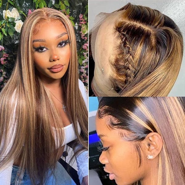 Mslynn 4/27 Straight Highlight Colored Lace Front Wigs Transparent T Part Wig With Baby Hair