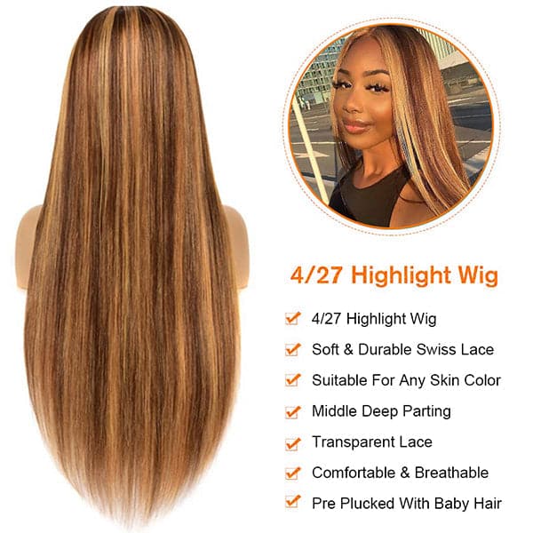 Mslynn 4/27 Straight Highlight Colored Lace Front Wigs Transparent T Part Wig With Baby Hair