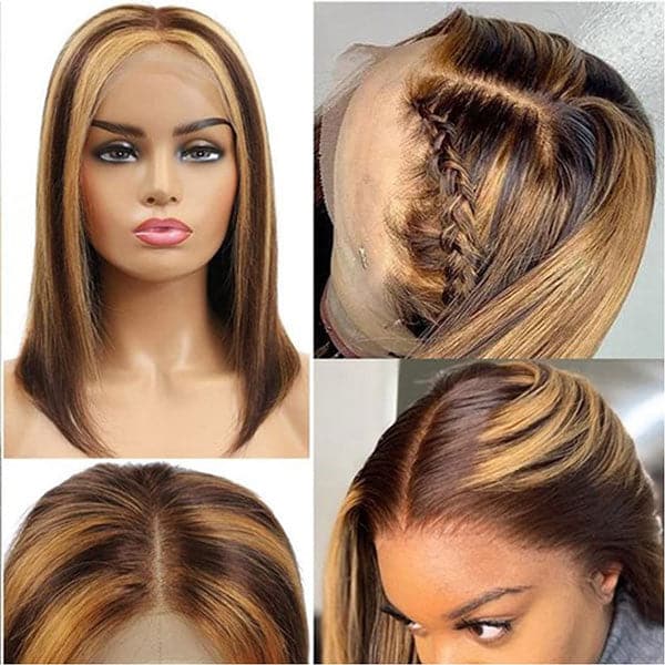 Mslynn Straight Bob Wig T Part Wig Highlight Ombre Color Pre Plucked with Baby Hair
