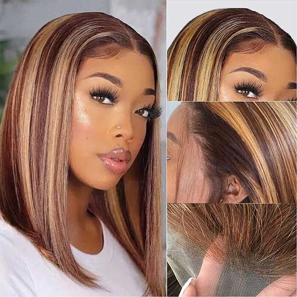 Mslynn Straight Bob Wig T Part Wig Highlight Ombre Color Pre Plucked with Baby Hair
