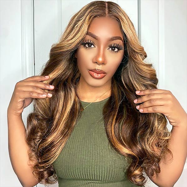 Honey Blonde Highlight Wig Body Wave 5x5 Pre Cut Lace Wigs Wear Go Glueless Wig