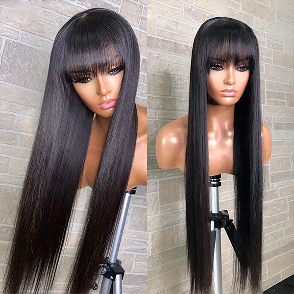Straight Wig With Bangs Natural Color Straight Human Hair Wig 2X4 Lace Wigs Glueless Wig