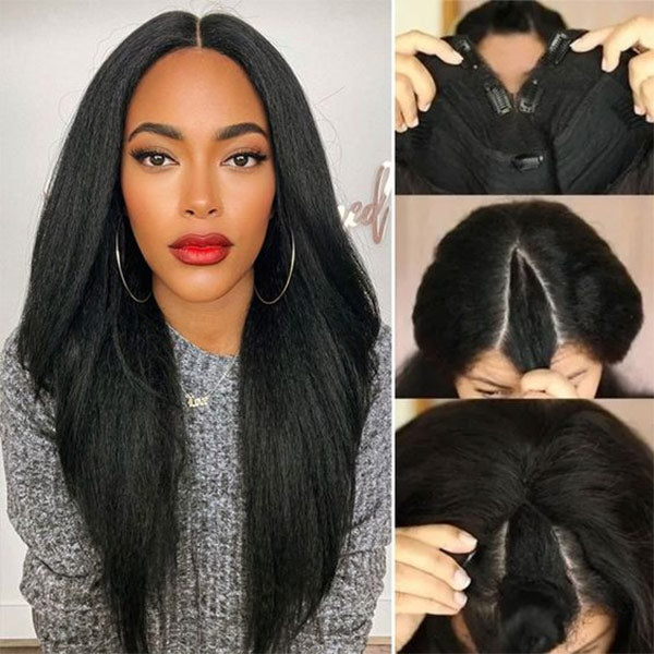 Kinky Straight V Part Wig Human Hair Glueless Wig Beginner Friendly To Put On And Take Off