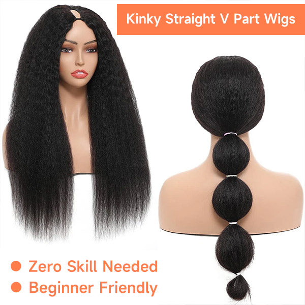 Kinky Straight V Part Wig Human Hair Glueless Wig Beginner Friendly To Put On And Take Off
