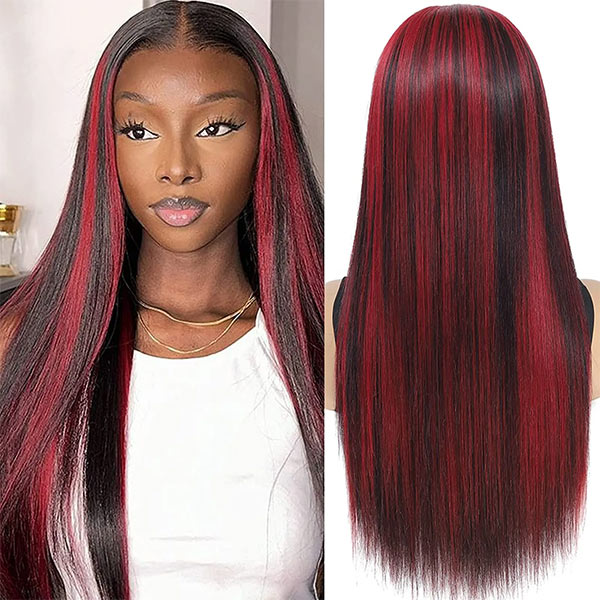 99J Highlight 13X4 Lace Front Human Hair Wig Body Wave Dark Root Burgundy Colored Wig