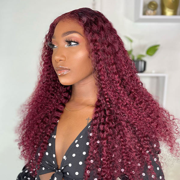 4C Edges Burgundy Curly 13X4 Lace Front Wig Human Hair