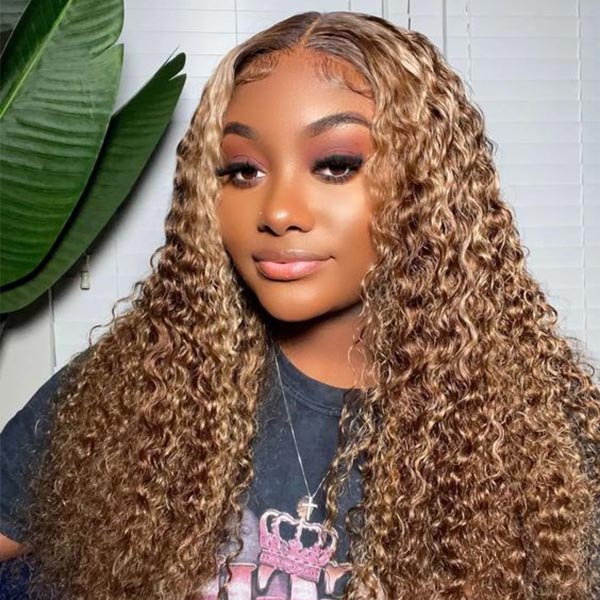 Deep Curly 4/27 Blonde Highlight Wig Transparent 13X4 Lace Front Wig