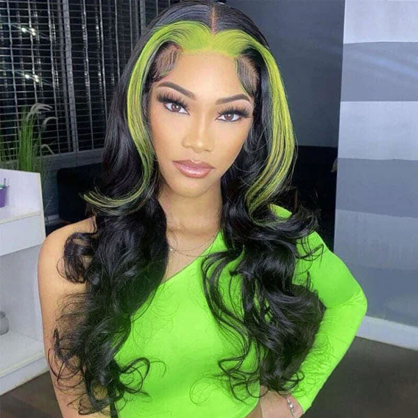 Green Skunk Stripe 13X4 Lace Front Wigs Colored Wigs Body Wave Wigs