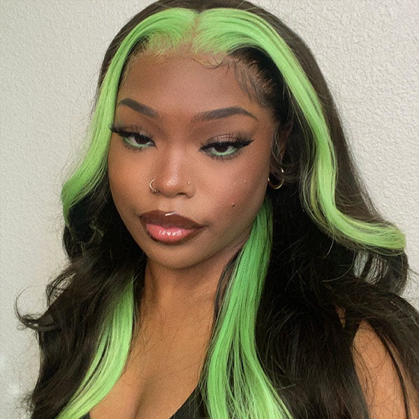 Green Skunk Stripe 13X4 Lace Front Wigs Colored Wigs Body Wave Wigs