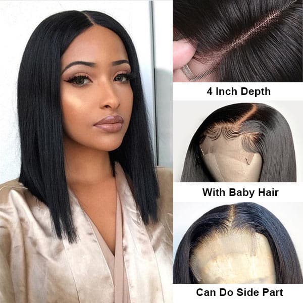 BOWL Short Bob Wigs Straight Human Hair Wigs 4X4 Bob Style Wigs With F ...