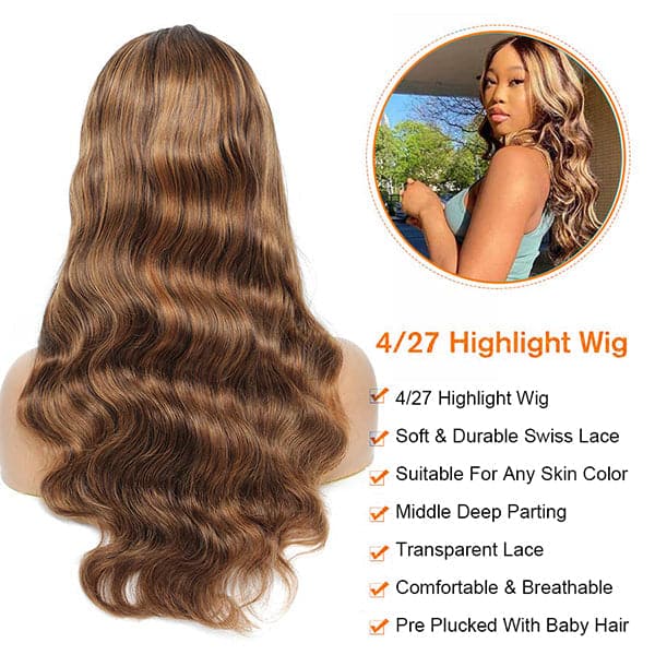 Mslynn 4/27 Highlight Wig Body Wave Human Hair Brown Colored Transparent T Part Wig