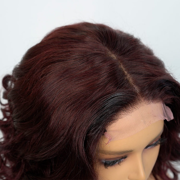 Dark Plum Color Short Bob Wig Loose Wave Wig Middle Part Lace Wig Colored Wig