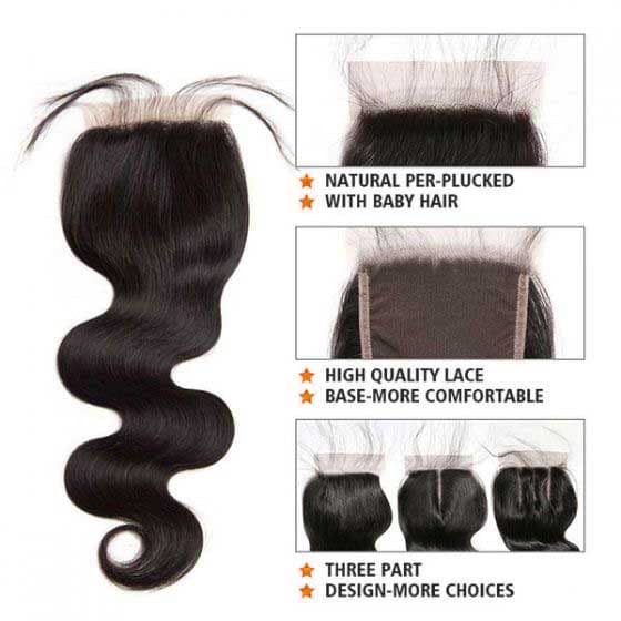 Mslynn Brazilian Body Wave 3 Bundles with Lace Closure 100% Unprocessed Virgin Human Hair Extensions Natural Color