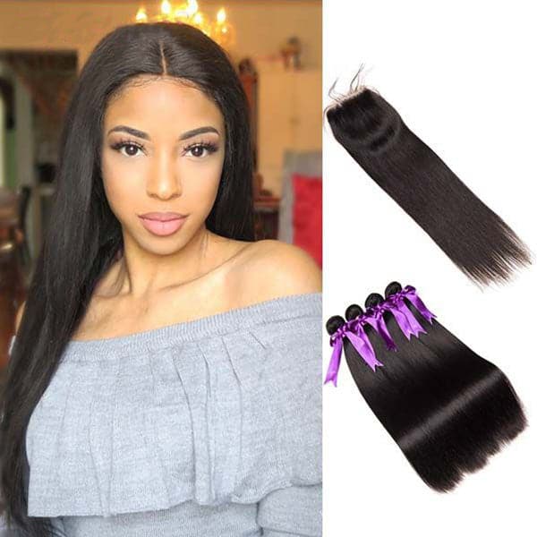 Mslynn Hair Brazilian Straight Hair 4 Bundles with Lace Closure 100% Unprocessed Brazilian Virgin Straight Hair Weave Bundles