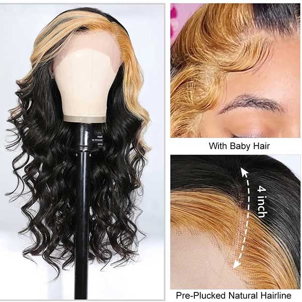 Mslynn Honey Blonde Skunk Stripe Wig Body Wave Wig 13x4 Lace Front Wig Pre Plucked With Baby Hair