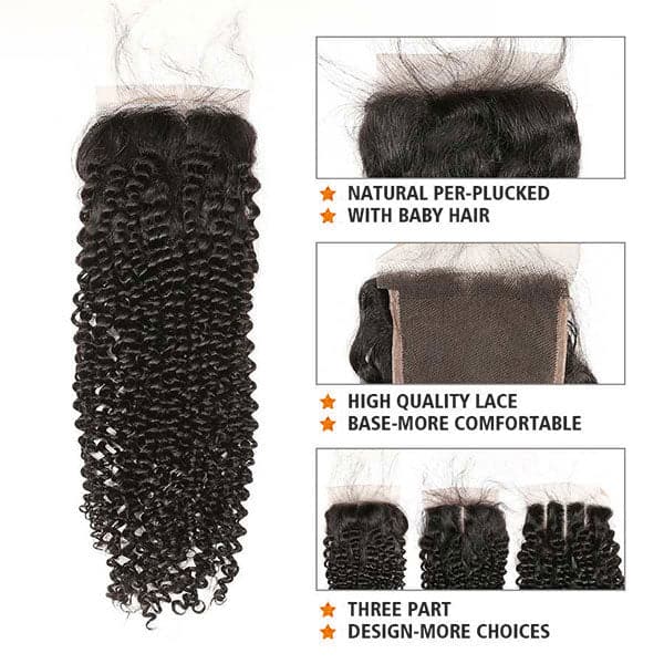Mslynn Hair Kinky Curly 4 Bundles With Lace Closure 100% Unprocessed Kinky Curly Human Hair Bundles with 4x4 Lace Closure Natural Color
