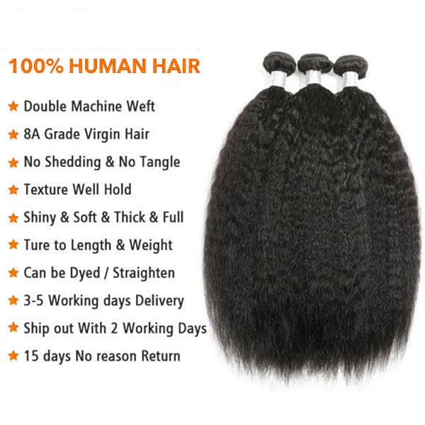 Mslynn Hair Malaysian Human Hair Kinky Straight 3 Bundles With Lace Frontal 100% Unprocessed Malaysian Virgin Human Hair Natural Color